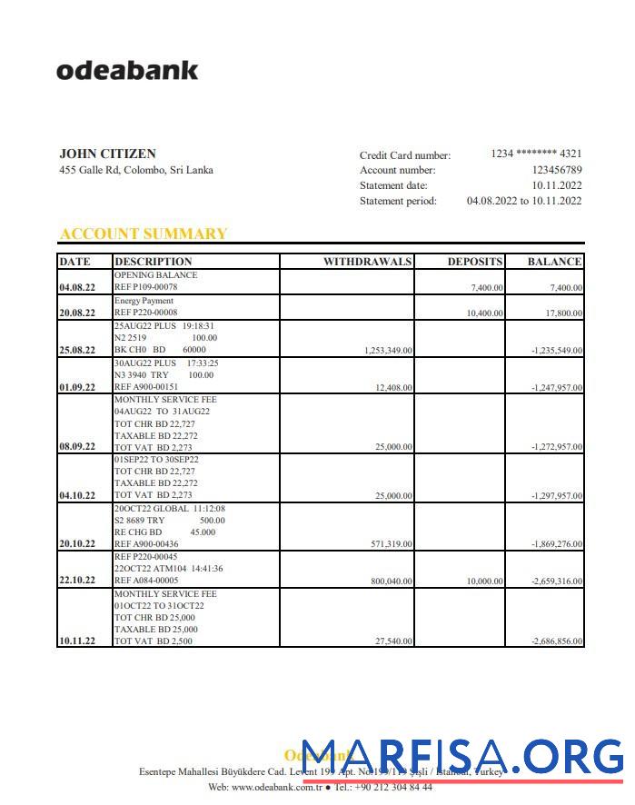 Realistic Turkey Odeabank bank statement excel real example